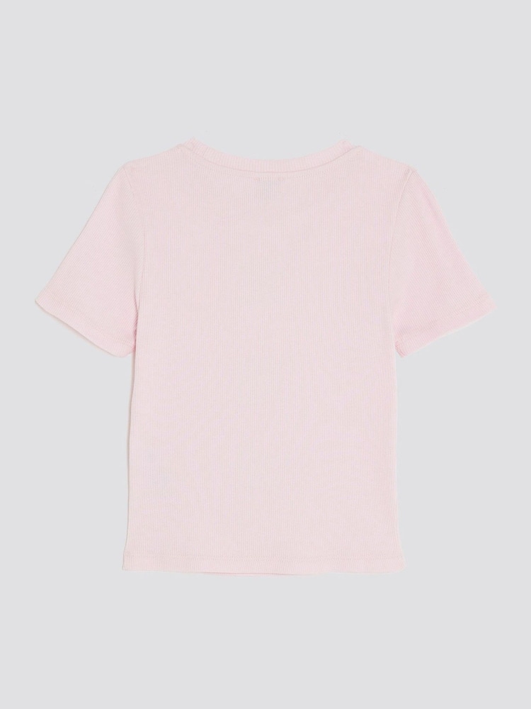 River Island Pink Girls Ribbed Bow T-Shirt - Image 2 of 4