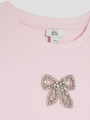 River Island Pink Girls Ribbed Bow T-Shirt - Image 3 of 4