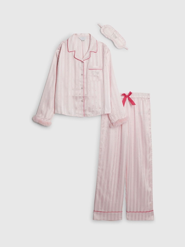 River Island Pink Girls Hotfix Fur Cuff Satin Pyjamas - Image 1 of 5