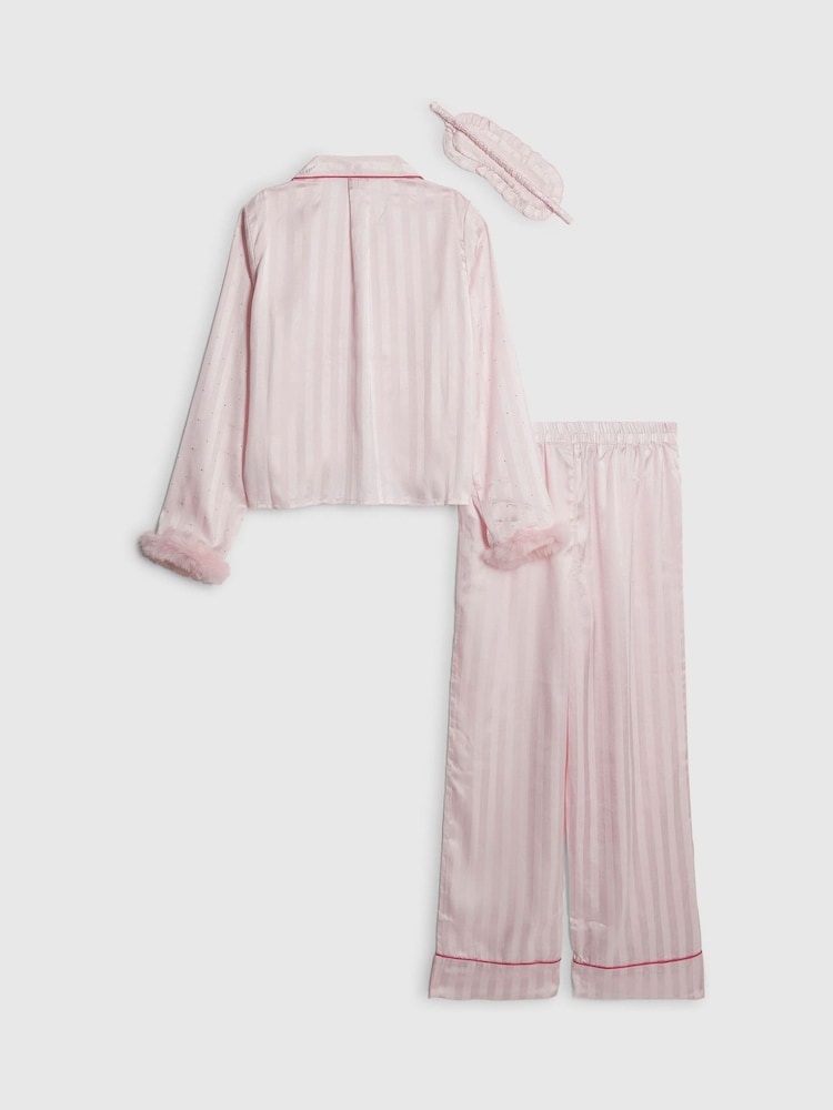 River Island Pink Girls Hotfix Fur Cuff Satin Pyjamas - Image 2 of 5