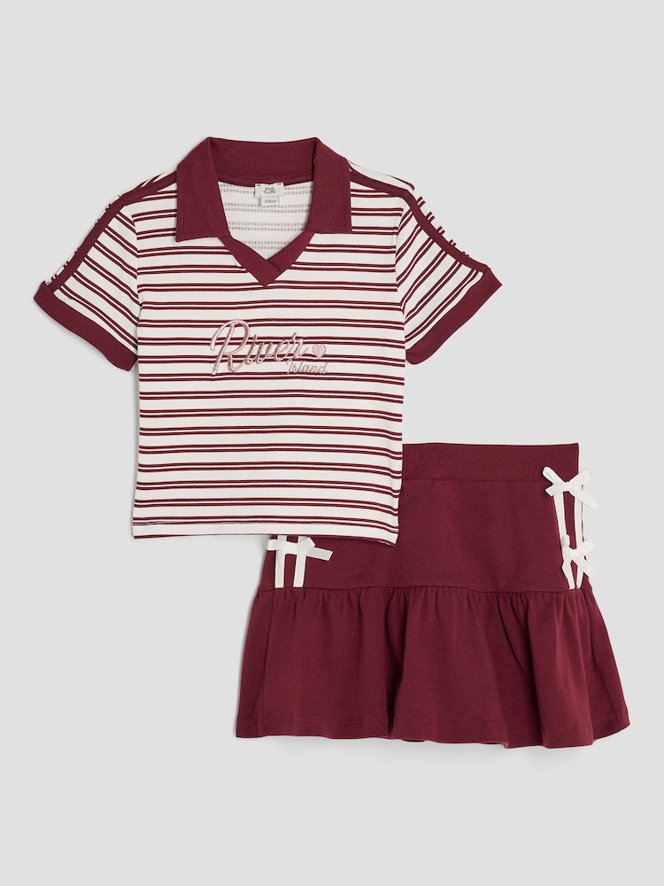 River Island Red Girls Stripe Polo Shirt and Skirt Set - Image 1 of 5