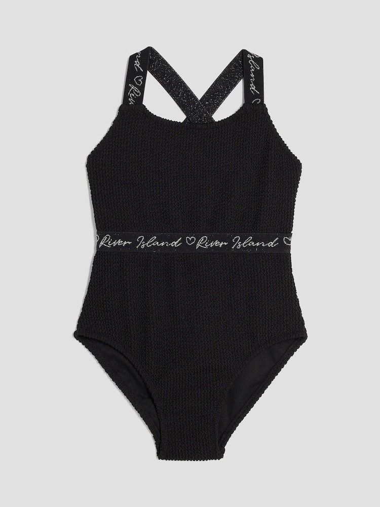 River Island Black Elastic Textured Swimsuit - Image 1 of 4