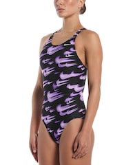 Nike Purple Hydrastrong Multi Print Fastback Swimsuit - Image 1 of 4
