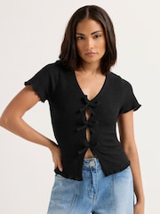 PixieGirl Petite Black Petite Soft Touch Bow Front Top - Image 1 of 5