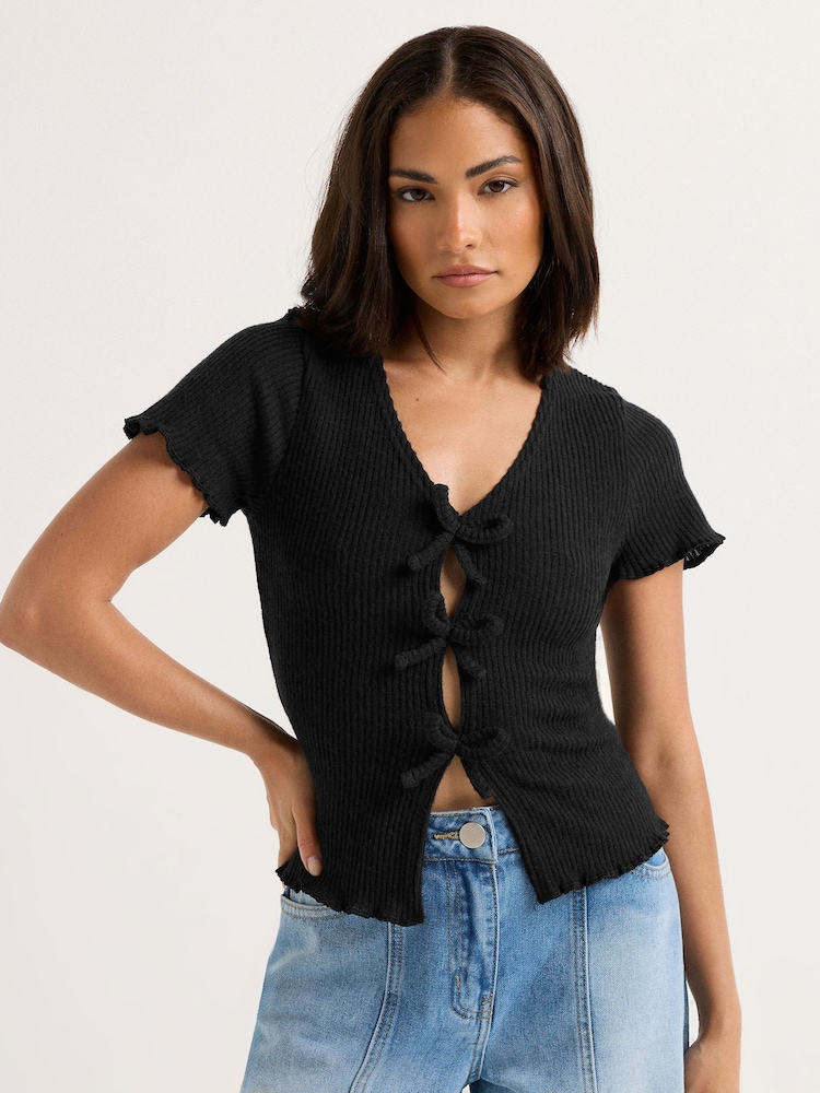 PixieGirl Petite Black Petite Soft Touch Bow Front Top - Image 1 of 5