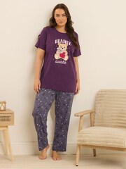 Yours Curve Purple Bearly Awake Short Sleeve Wide Leg Pyjamas Set - Image 1 of 5