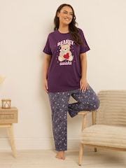 Yours Curve Purple Bearly Awake Short Sleeve Wide Leg Pyjamas Set - Image 2 of 5