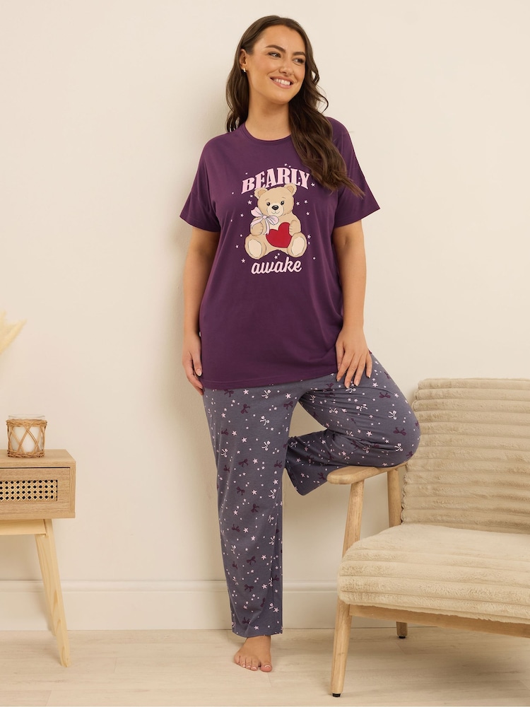 Yours Curve Purple Bearly Awake Short Sleeve Wide Leg Pyjamas Set - Image 2 of 5