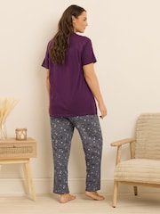 Yours Curve Purple Bearly Awake Short Sleeve Wide Leg Pyjamas Set - Image 3 of 5