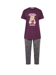 Yours Curve Purple Bearly Awake Short Sleeve Wide Leg Pyjamas Set - Image 5 of 5
