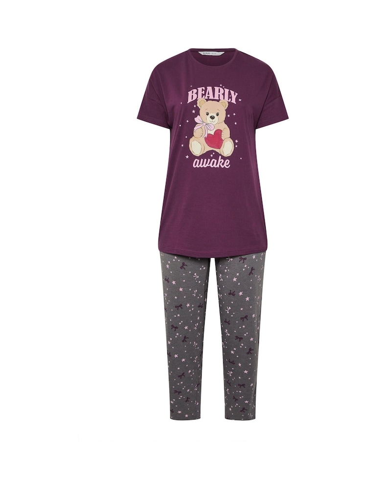 Yours Curve Purple Bearly Awake Short Sleeve Wide Leg Pyjamas Set - Image 5 of 5