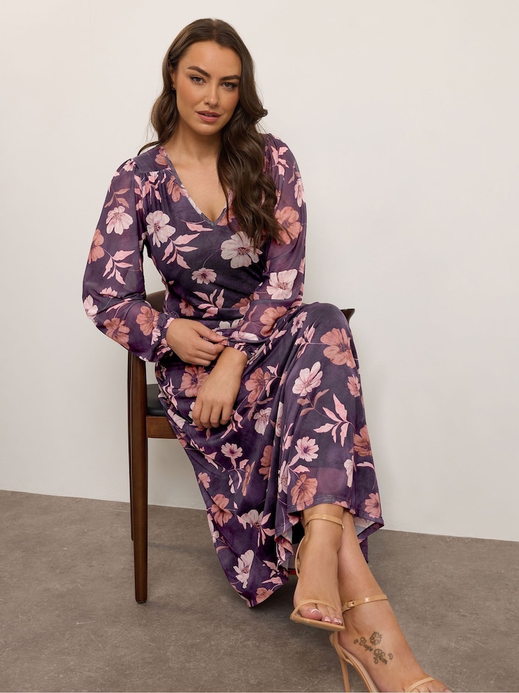 Yours Curve Purple Mesh Balloon Sleeve Dress - Image 1 of 5