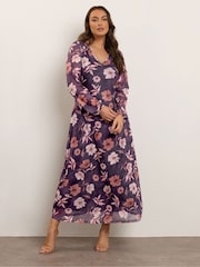 Yours Curve Purple Mesh Balloon Sleeve Dress - Image 2 of 5