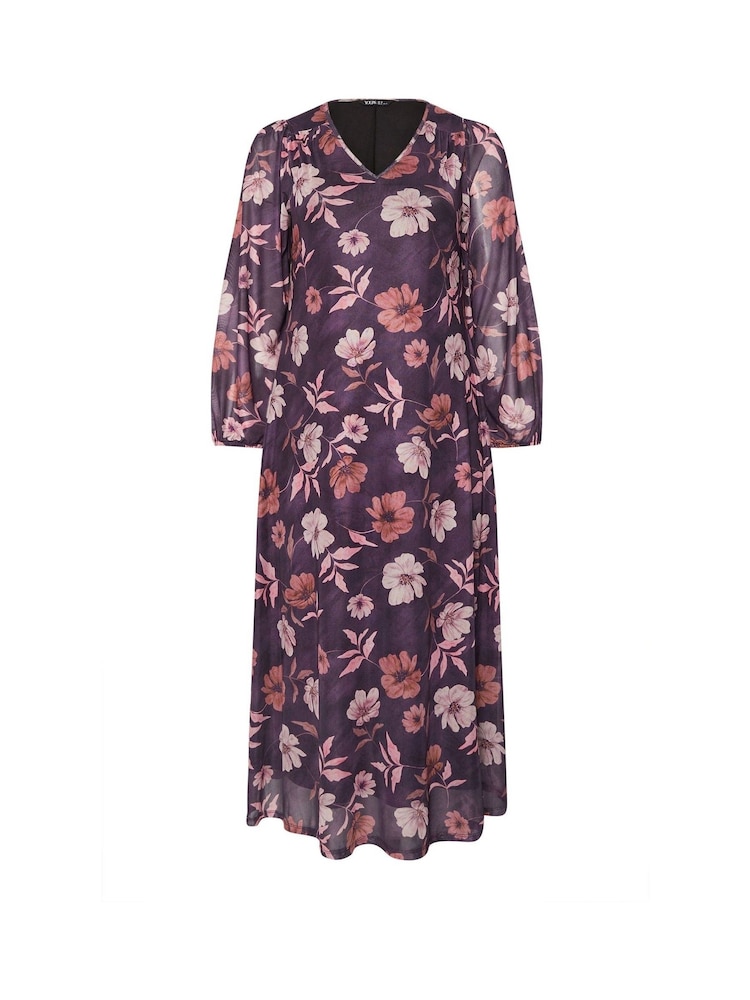 Yours Curve Purple Mesh Balloon Sleeve Dress - Image 5 of 5