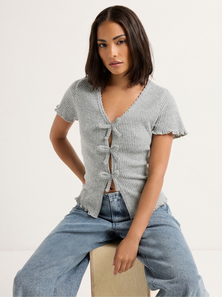 PixieGirl Petite Grey Petite Soft Touch Bow Front Top - Image 1 of 4