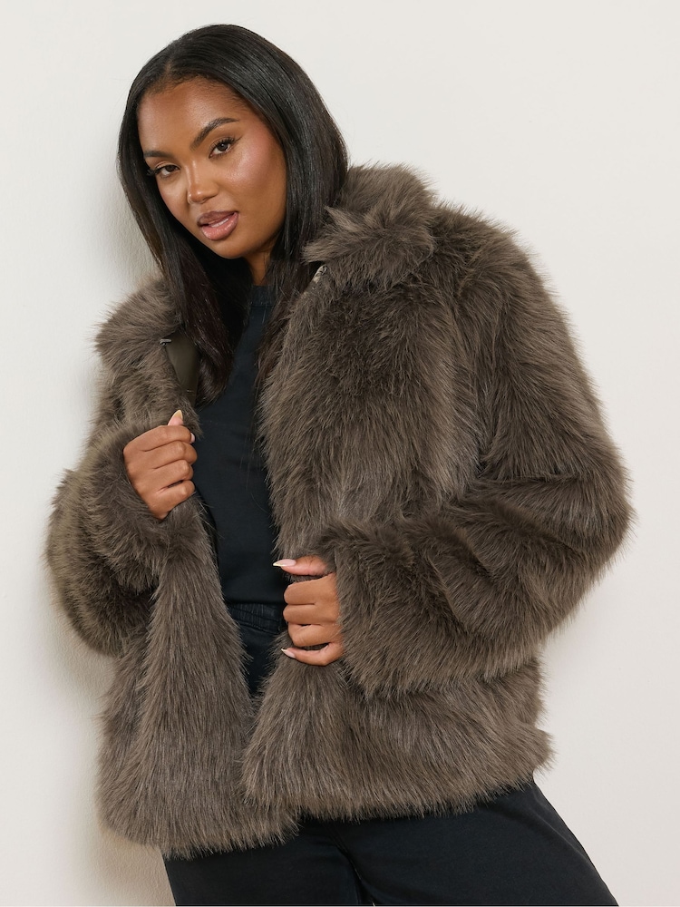 Yours Curve Brown Faux Fur Hooded Jacket - Image 1 of 5 Yours Curve Brown Faux Fur Hooded Jacket - Image 1 of 5