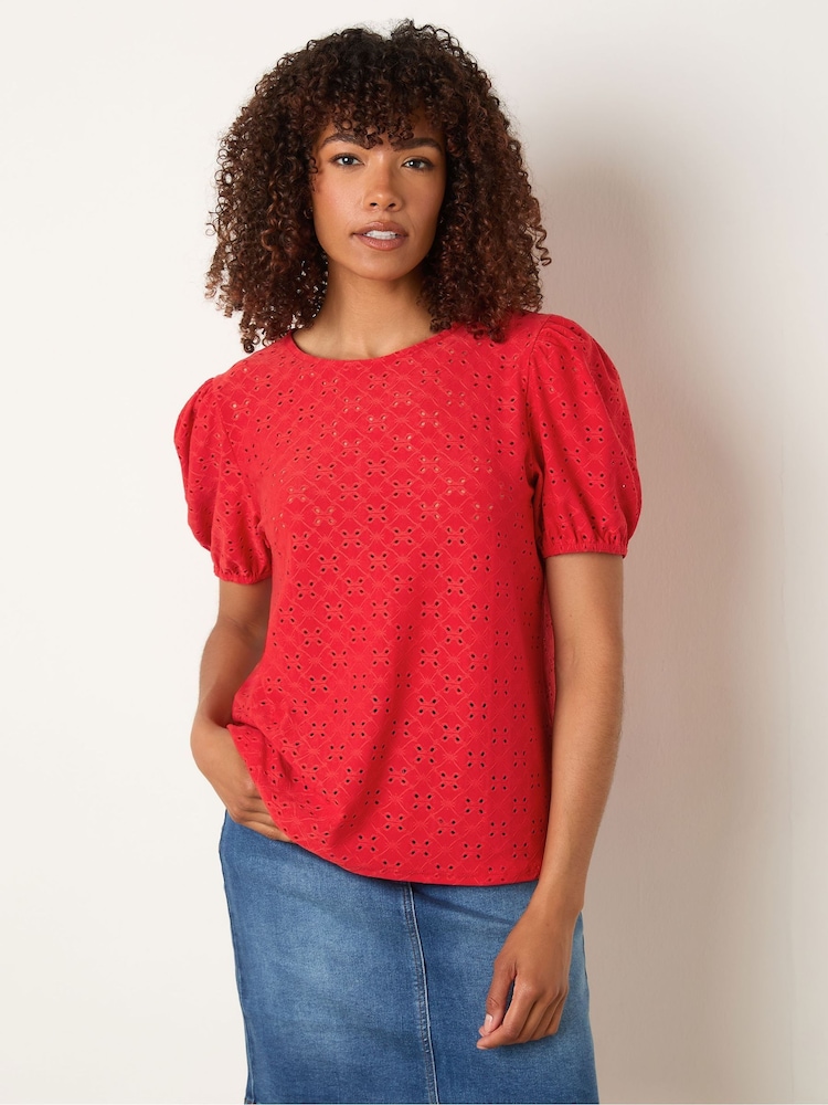 M&Co Red Broderie Puff Sleeve Blouse - Image 1 of 5 M&Co Red Broderie Puff Sleeve Blouse - Image 1 of 5