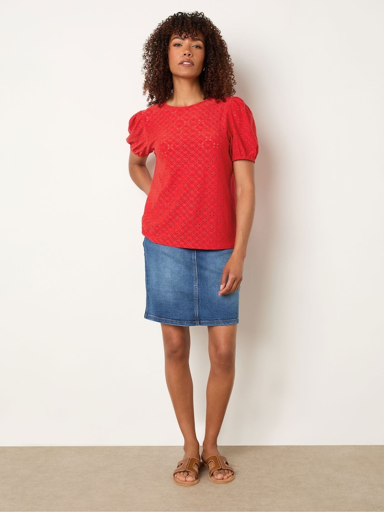M&Co Red Broderie Puff Sleeve Blouse - Image 2 of 5 M&Co Red Broderie Puff Sleeve Blouse - Image 2 of 5