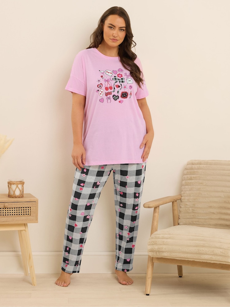 Yours Curve Gingham Bow Short Sleeve Wide Leg Pyjama Set - Imagem 2 de 5