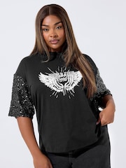 Yours Curve Black Limited Sequin Sleeve Graphic Print T-Shirt - Image 1 of 5
