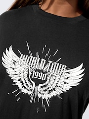 Yours Curve Black Limited Sequin Sleeve Graphic Print T-Shirt - Image 4 of 5