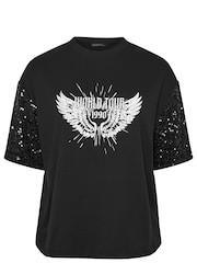 Yours Curve Black Limited Sequin Sleeve Graphic Print T-Shirt - Image 5 of 5