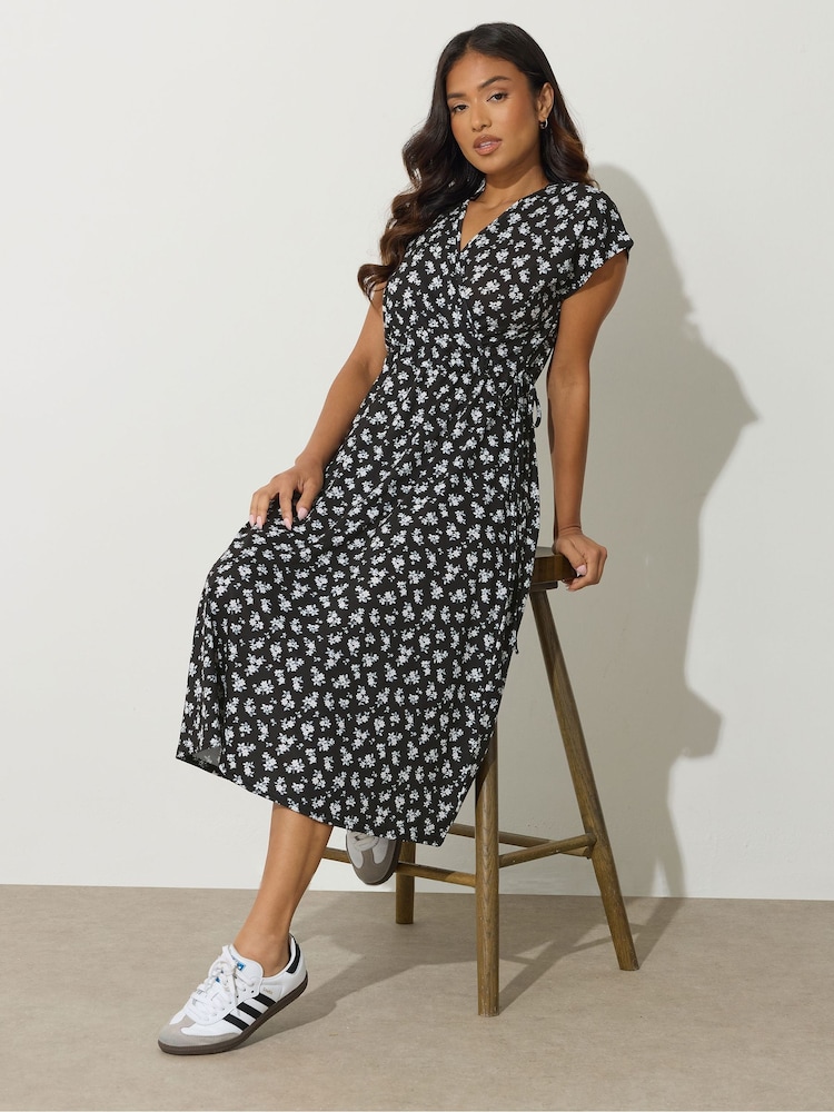 PixieGirl Petite Black Ditsy Wrap Tie Waist Midi Dress - Image 2 of 5