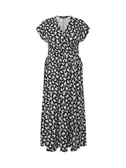 PixieGirl Petite Black Ditsy Wrap Tie Waist Midi Dress - Image 5 of 5