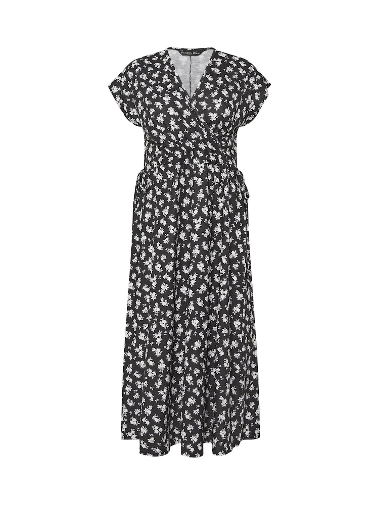 PixieGirl Petite Black Ditsy Wrap Tie Waist Midi Dress - Image 5 of 5