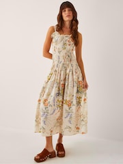 Monsoon Cream Jesse Floral Print Shirred Midi Dress - Image 1 of 5
