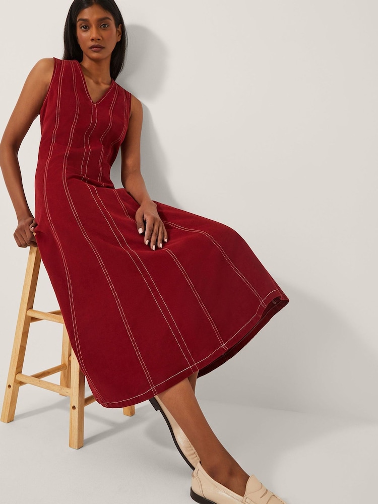 Monsoon Red Hope Sleeveless A-Line Denim Midi Dress - Image 1 of 4 Monsoon Red Hope Sleeveless A-Line Denim Midi Dress - Image 1 of 4