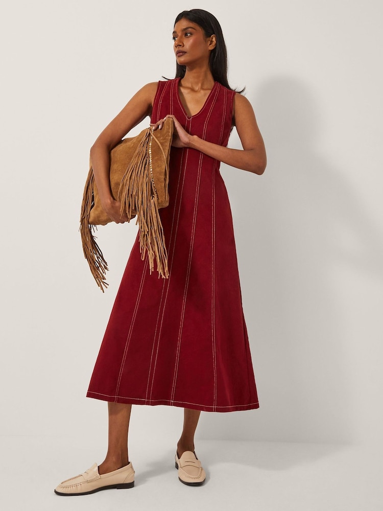 Monsoon Red Hope Sleeveless A-Line Denim Midi Dress - Image 2 of 4 Monsoon Red Hope Sleeveless A-Line Denim Midi Dress - Image 2 of 4