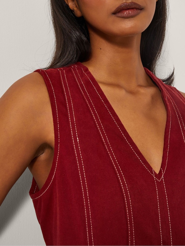 Monsoon Red Hope Sleeveless A-Line Denim Midi Dress - Image 4 of 4