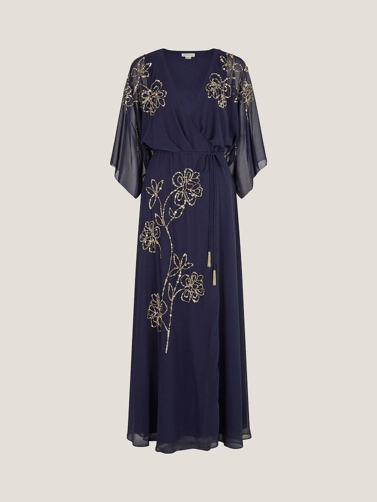Monsoon Navy Blue Skyla Floral Print Embellished Maxi Wrap Dress - Image 5 of 5