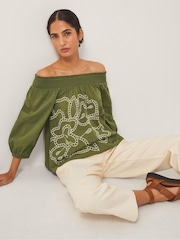 Monsoon Green Julie Embroidered Bardot Blouse - Image 3 of 5