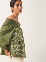 Monsoon Green Julie Embroidered Bardot Blouse - Image 4 of 5