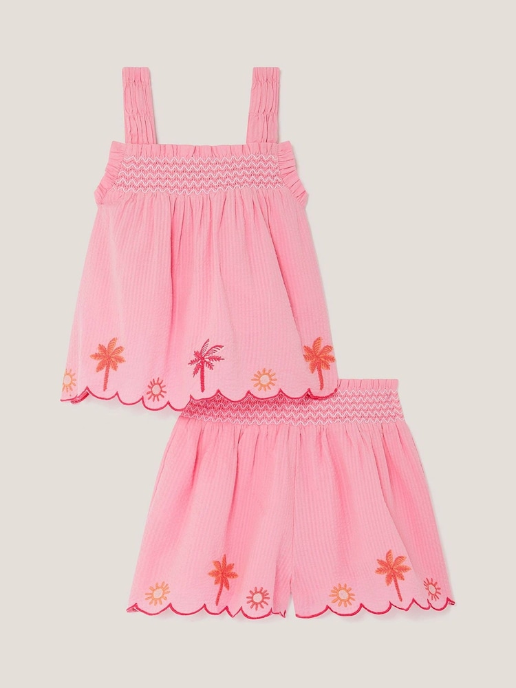 Monsoon Pink Palm Embroidered Top & Shorts Set - Image 1 of 3