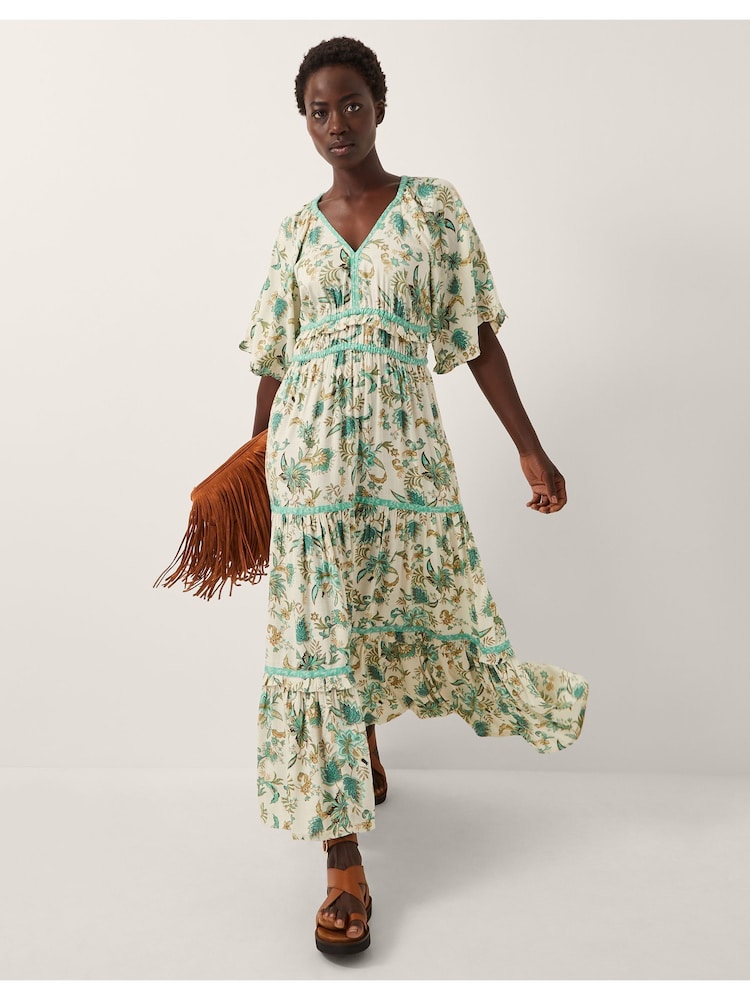 Monsoon Natural Saoirse Floral Tiered Midi Dress - Image 1 of 5