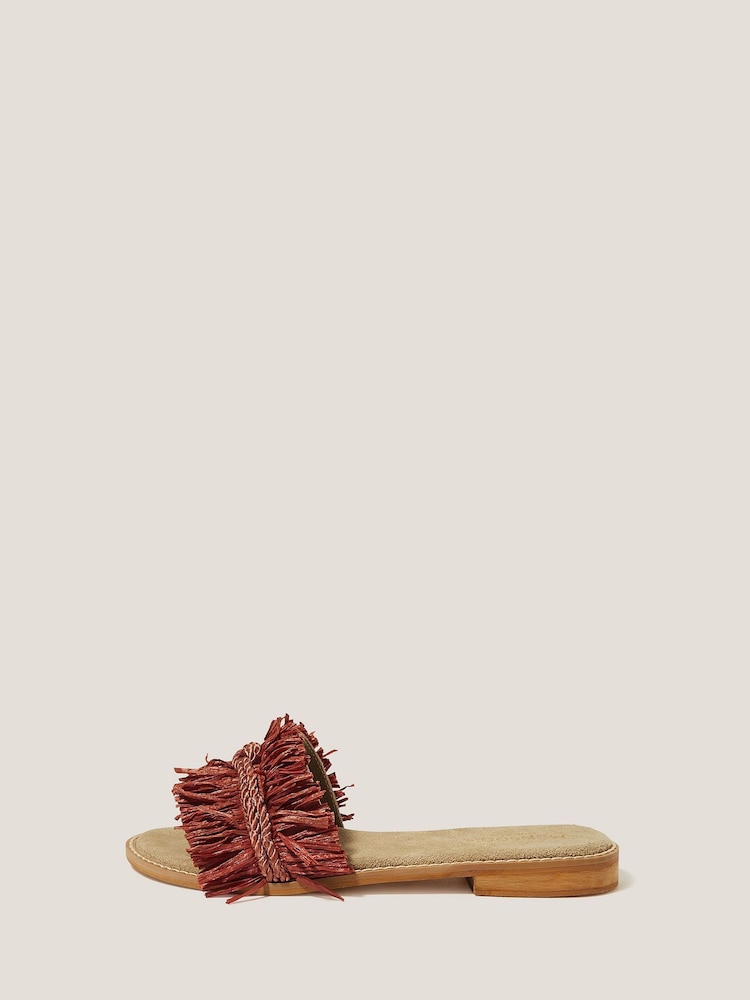 Monsoon Orange Rhia Leather Raffia Slide Sandals - Image 2 of 4
