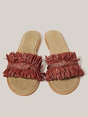 Monsoon Orange Rhia Leather Raffia Slide Sandals - Image 3 of 4