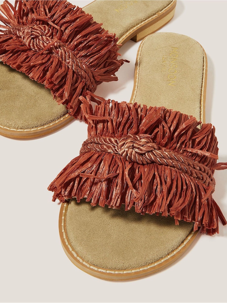 Monsoon Orange Rhia Leather Raffia Slide Sandals - Image 4 of 4