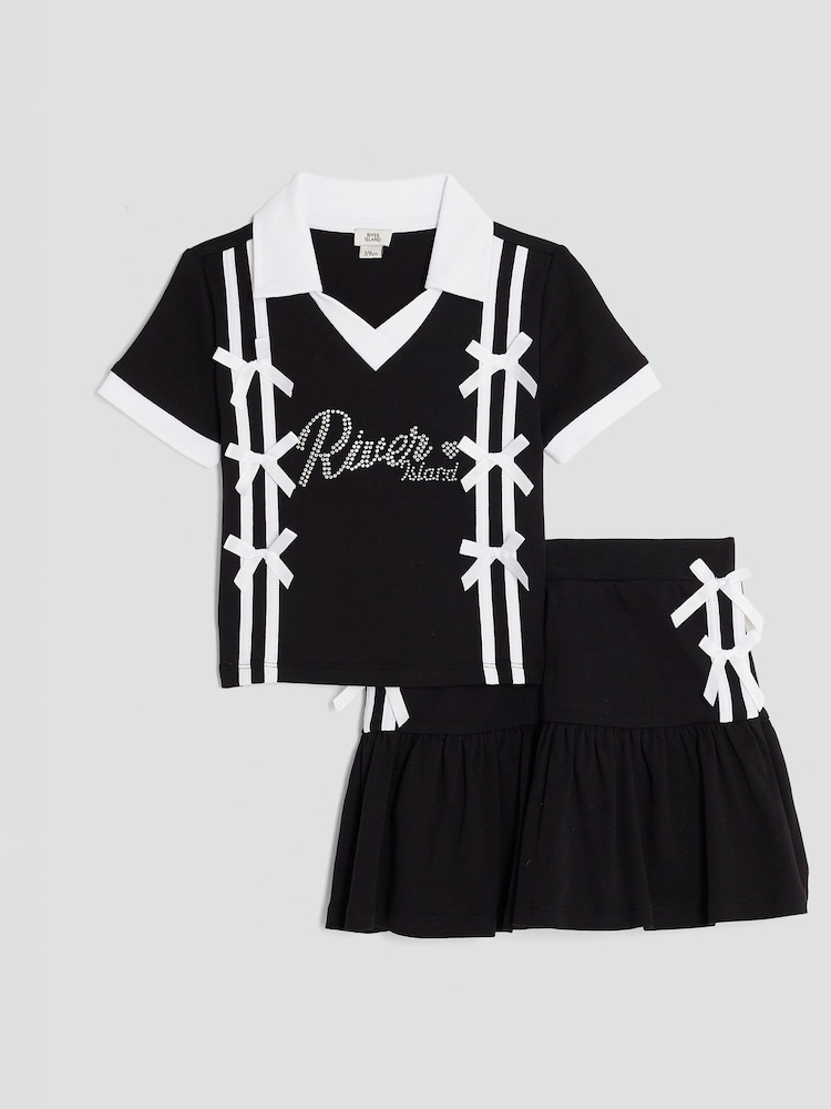 River Island Black Girls Bow Polo Shirt and Skirt Set - Image 1 of 5 River Island Black Girls Bow Polo Shirt and Skirt Set - Image 1 of 5