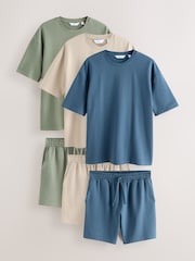 Blue/Green/ Neutral Textured Jersey Short Sleeve Pyjamas Set 3 Pack - Image 1 of 12