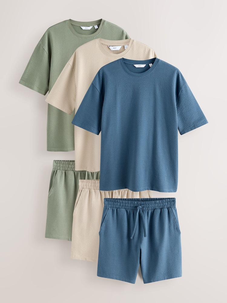 Blue/Green/ Neutral Textured Jersey Short Sleeve Pyjamas Set 3 Pack - Image 1 of 12