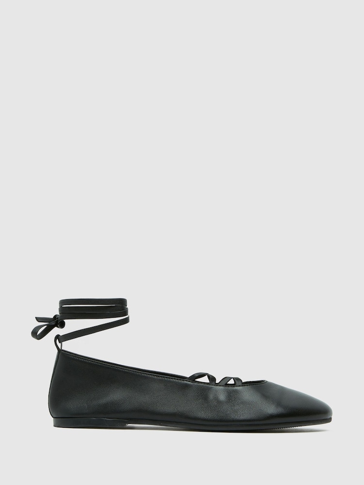 Schuh Lars Leather Tie Black Ballerinas - Image 1 of 4 Schuh Lars Leather Tie Black Ballerinas - Image 1 of 4