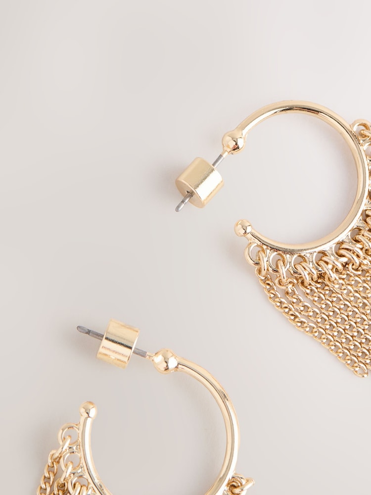Gold Tone Tassel Chain Hoop Earrings - Image 6 of 6