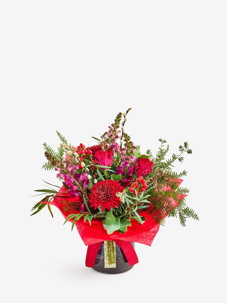 Laura Ashley Red/Green Bloom Chrysanthemum and Antirrhinum Christmas Bouquet with Wrapped Glass Vase - Image 2 of 4 Laura Ashley Red/Green Bloom Chrysanthemum and Antirrhinum Christmas Bouquet with Wrapped Glass Vase - Image 2 of 4