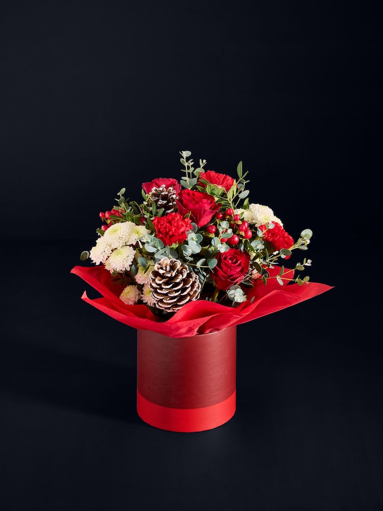 Red Rose and Carnation Fresh Flower Bouquet in Hatbox - Image 1 of 3 Red Rose and Carnation Fresh Flower Bouquet in Hatbox - Image 1 of 3