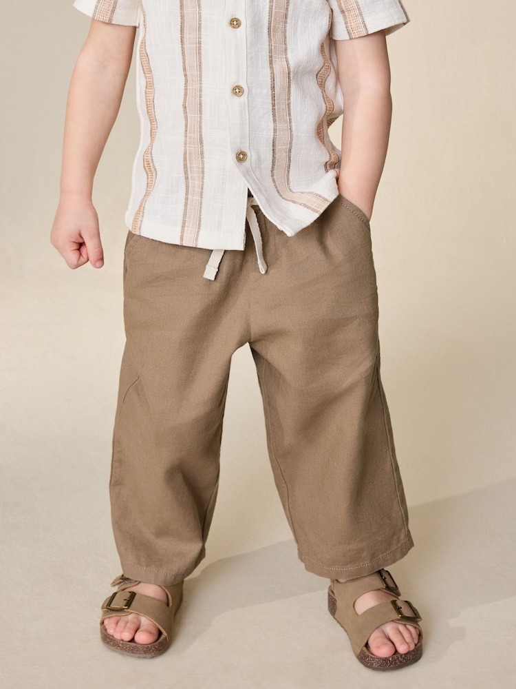 Tan Brown Wide Fit Linen Blend Pull on Trousers (3mths-7yrs) - Image 1 of 8