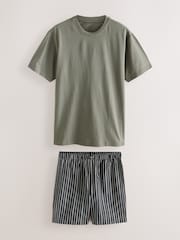 グリーン - Woven Stripe Short Sleeve Pyjamas Set - 画像 1 / 10